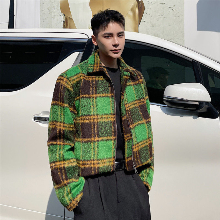 IEFB men's autumn winter Woolen Plaid short jacket vintage fashion Lapel zipped coat long sleeve colorblocked clothing