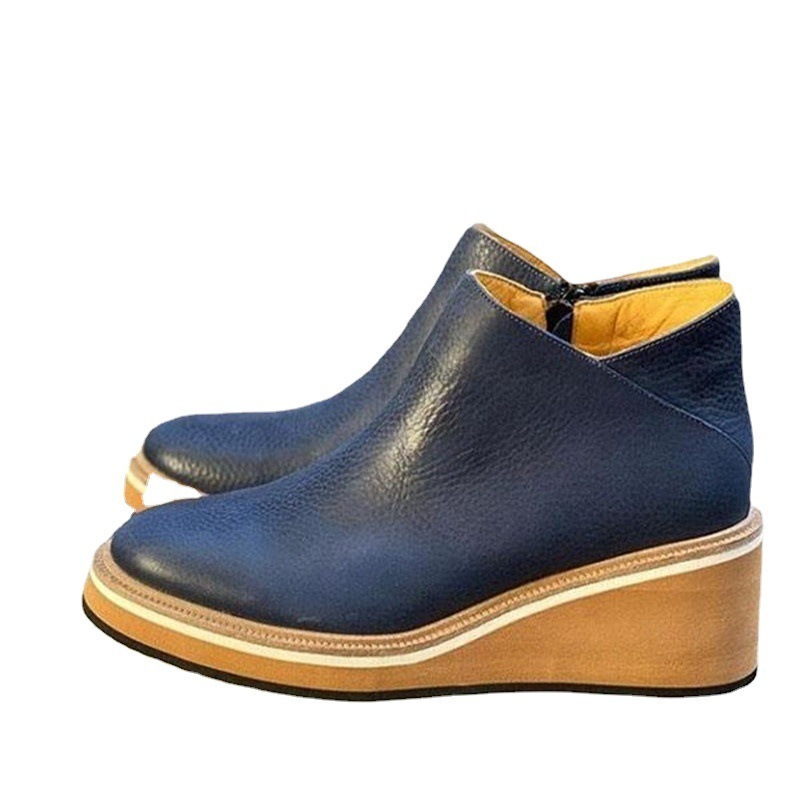 Fashion Women Short Boots Round Toe High Top Platform Wedges Retro Booties Soft Leather Zipper Comfortable Ankle Boots for Woman 220818