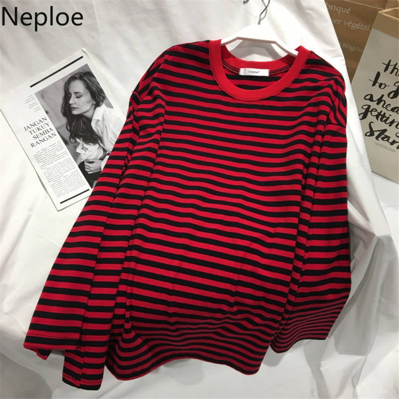Neploe Autumn Striped Sweaters Medium-long Causal Pullovers Thin O-neck Top Korean Streetwear Women Clothes 220818