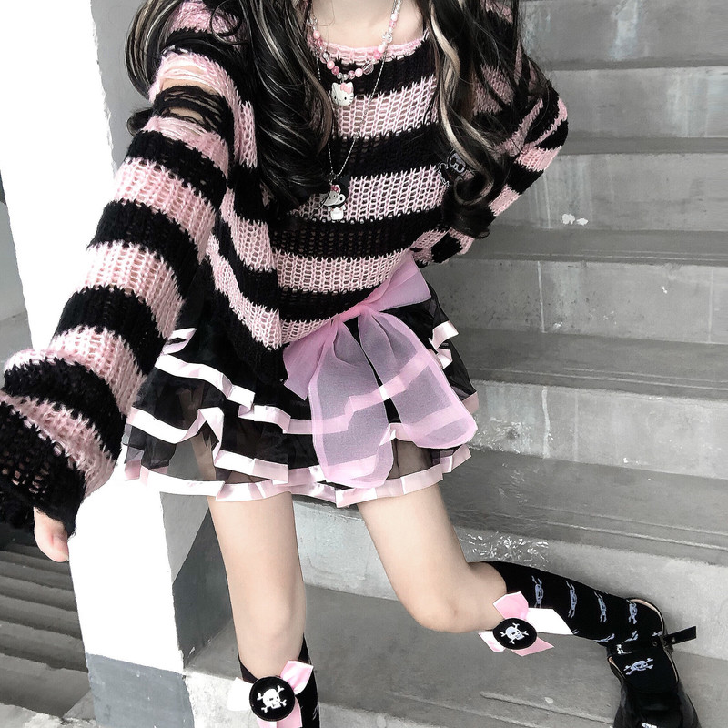 Karrram Pink Striped Gothic Sweaters Women Ripped Holes Loose Knitted Pullover Frayed Fairy Grunge Jumpers Emo Streetwear Lolita 220818
