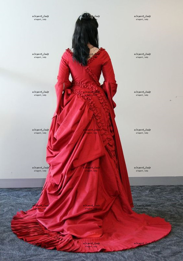 Red Victorian ballroom prom dress Mina's Dracula Bram Stoker Long sleeve Vampire gown silk gothic Carnival costume Evening gown
