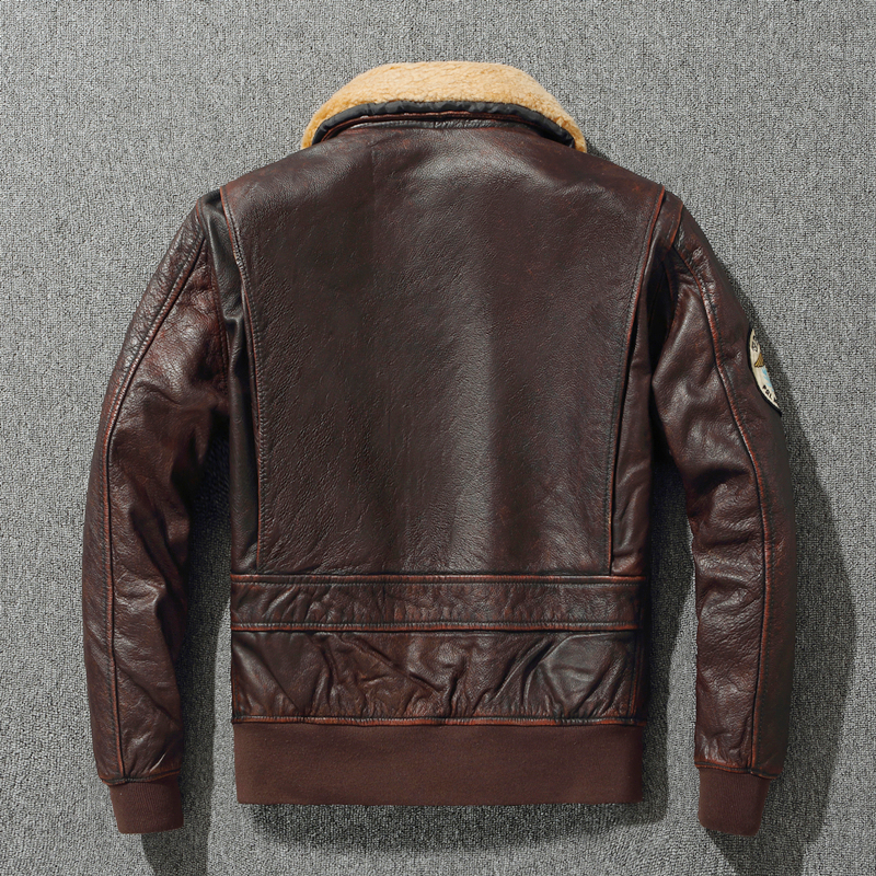 G1 Men s Thick Pilot Leather Jacket Vintage Brown Loose Coat Wool Collar Classical Military Bomber 100 Natural Cowhide 220818
