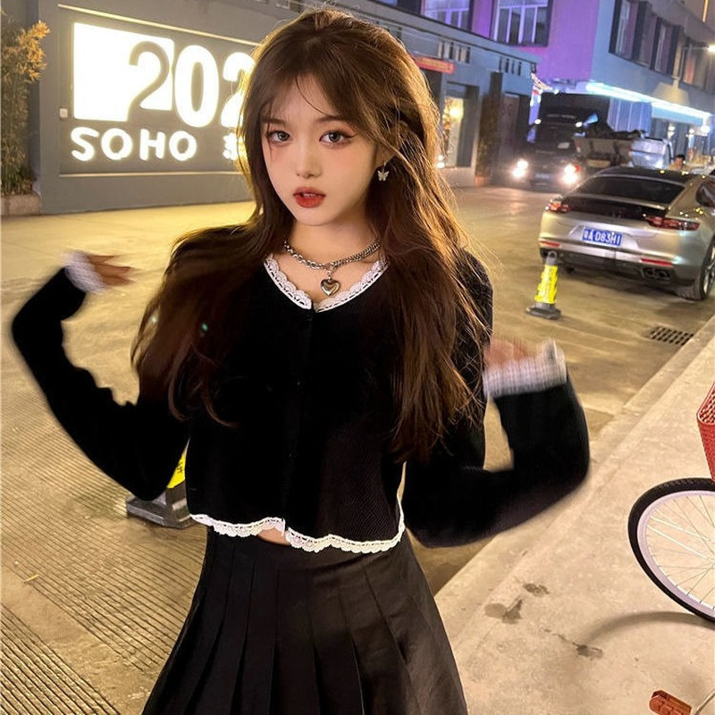 Black Cardigan Women Chic Vintage Fall Slim College Girls Cropped Knitwear All-match Ulzzang Simple Stylish Female Sweater Basic 220818