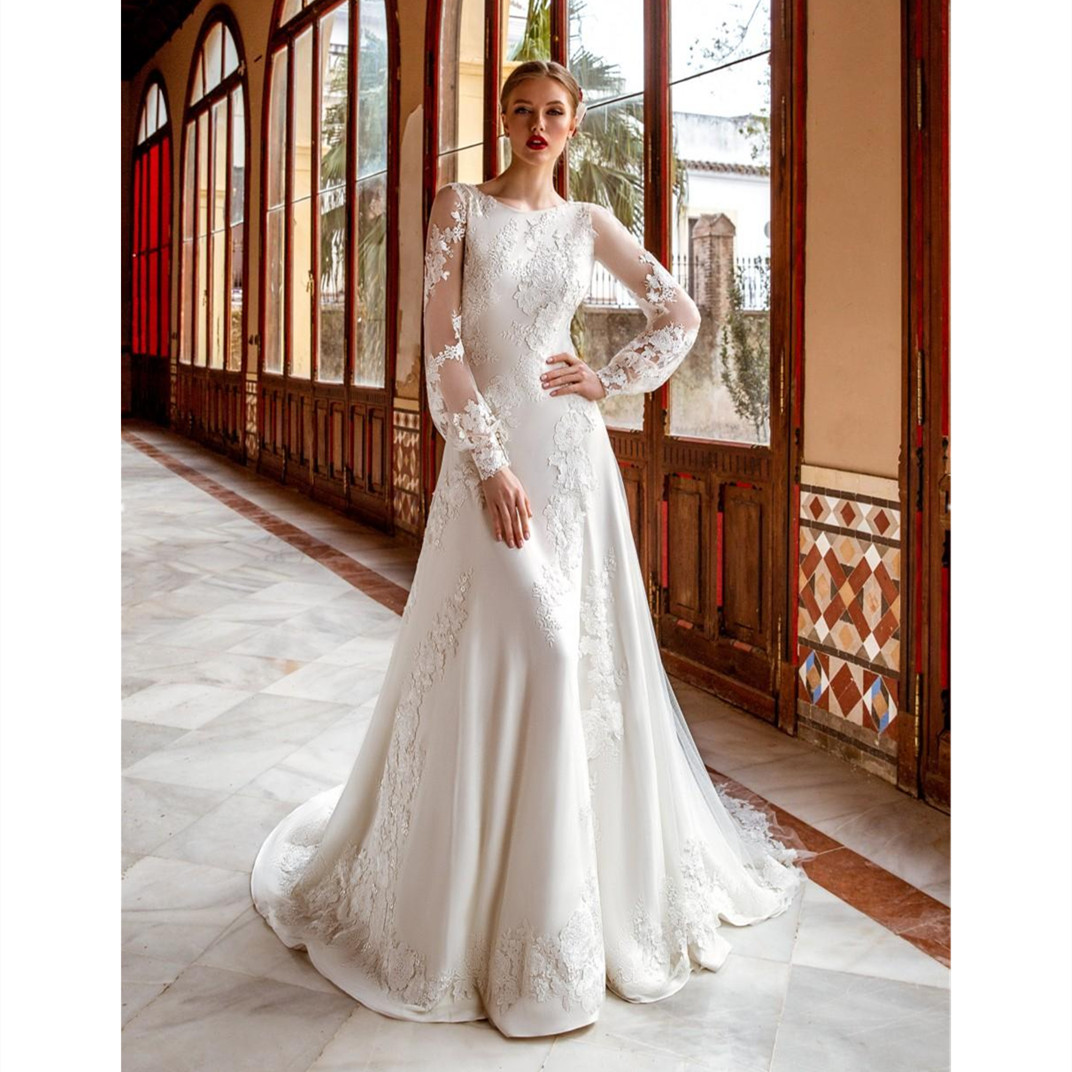 Classic A-e Wedding Dresses Satin Long Sleeves High Neck Backless Appliques Sequins Beads Plus Size Lace 3D Ruffles Bridal Gowns Train robe custom mad
