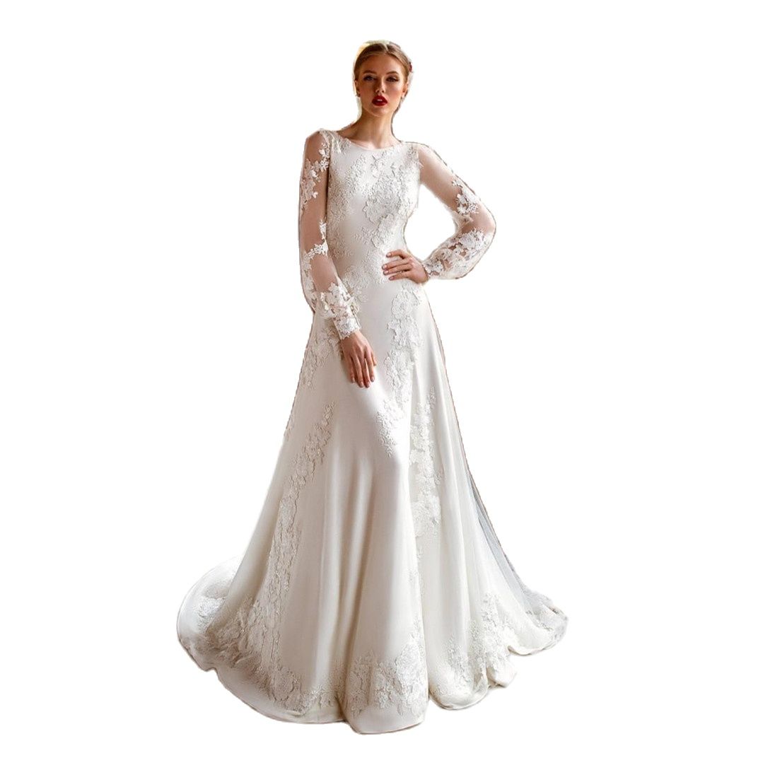 Classic A-e Wedding Dresses Satin Long Sleeves High Neck Backless Appliques Sequins Beads Plus Size Lace 3D Ruffles Bridal Gowns Train robe custom mad