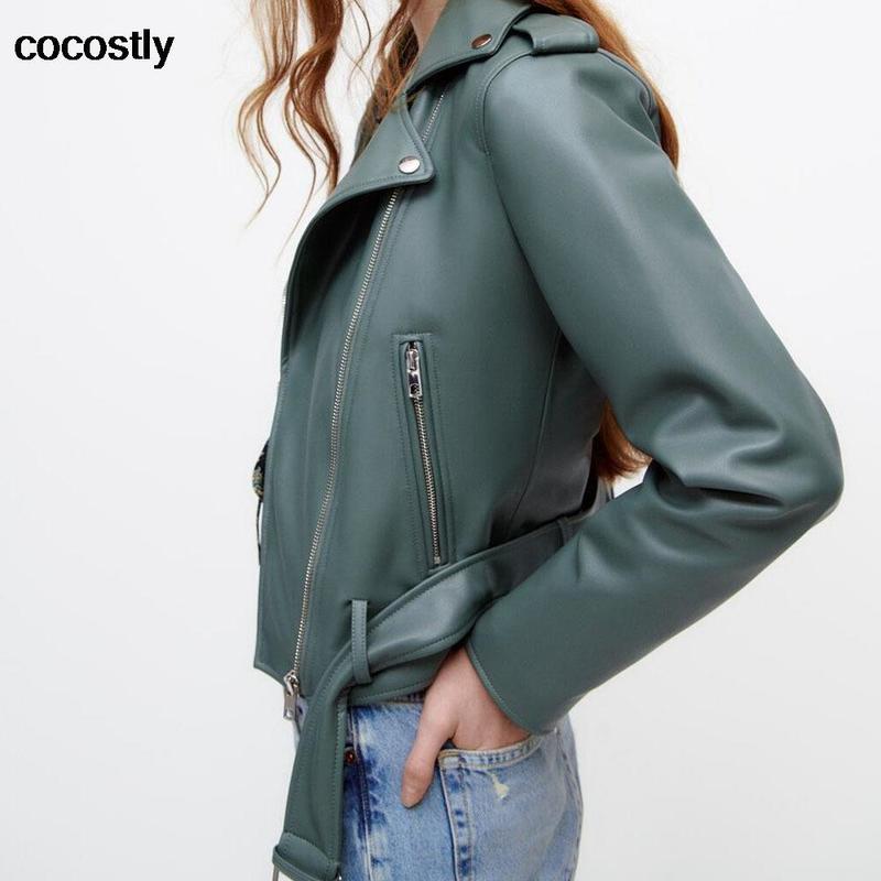 Spring Autumn Women Jacket Fashion Blue Black Faux Leather Female Casual Lapel Zipper With Belt Biker Coat 220818