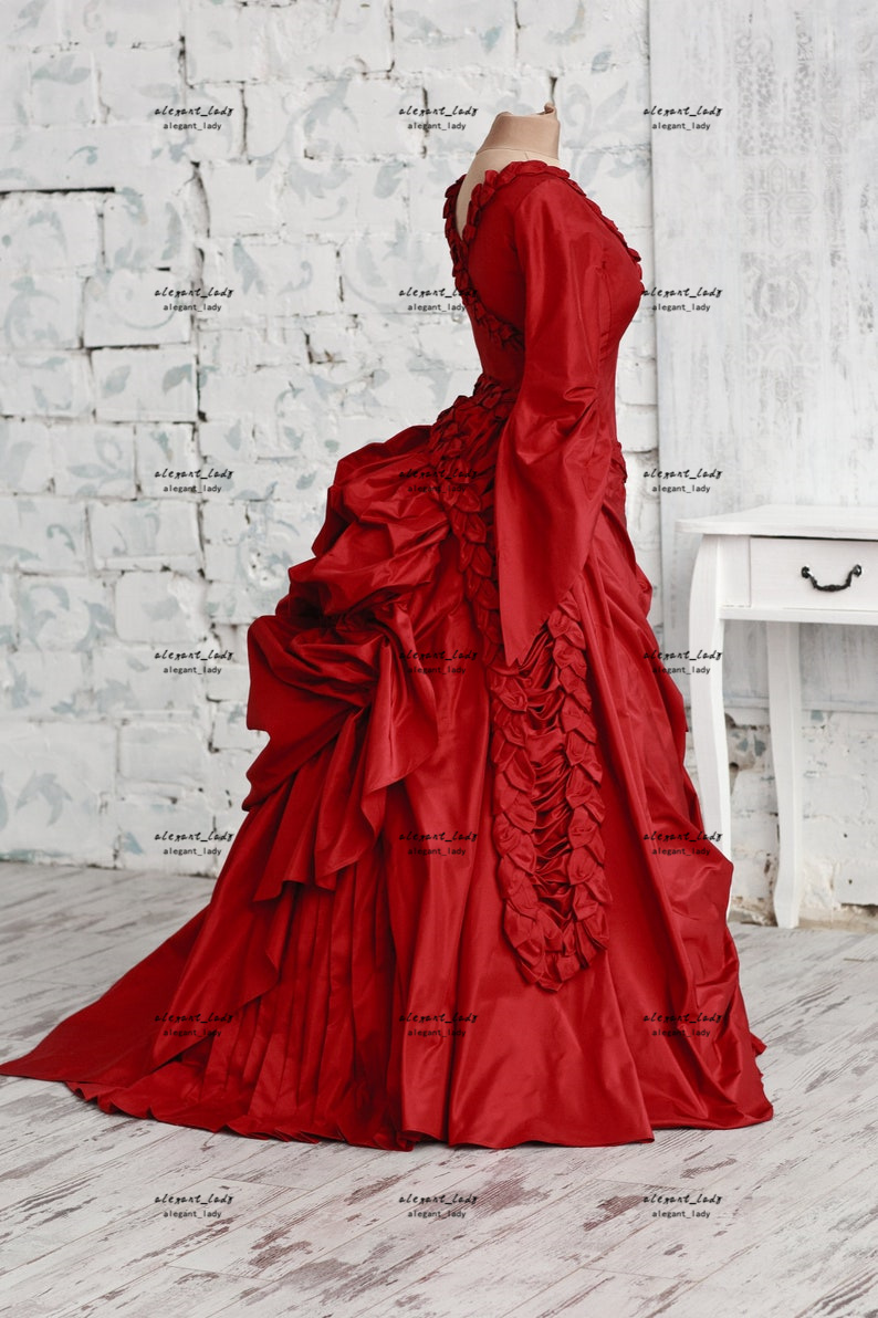 Red Victorian ballroom prom dress Mina's Dracula Bram Stoker Long sleeve Vampire gown silk gothic Carnival costume Evening gown