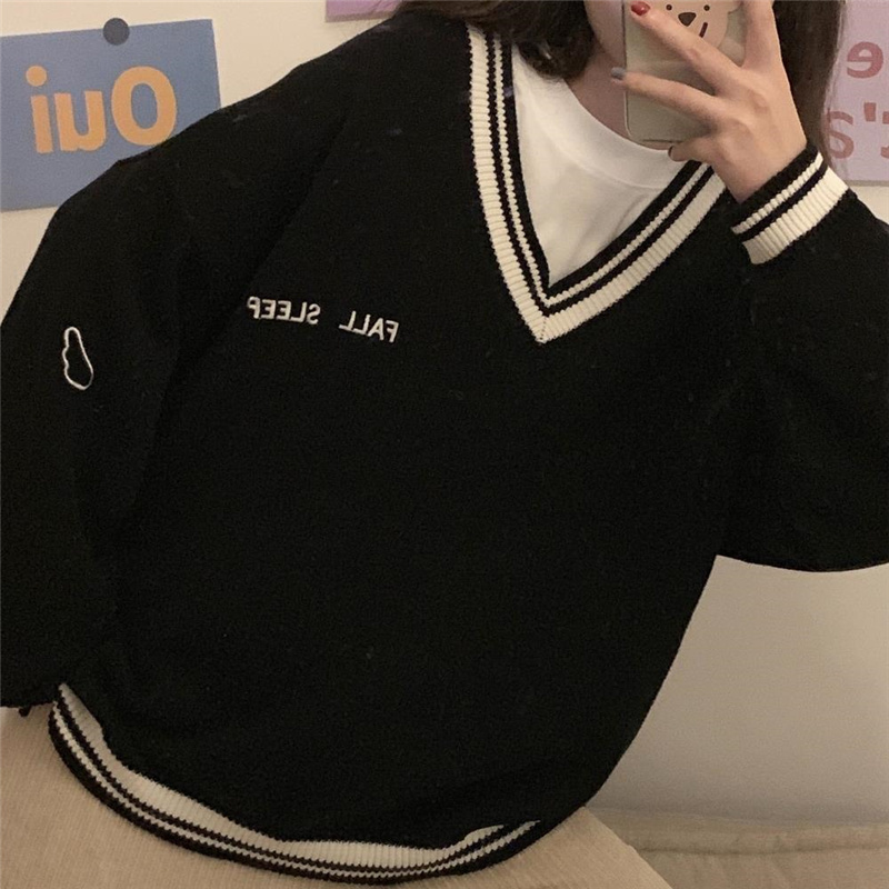 Sweaters Women Ulzzang Letter Chic Vintage V-neck Daily Oversize Girls Pullovers Student Fall Casual All-match Ins Women Sweater 220818