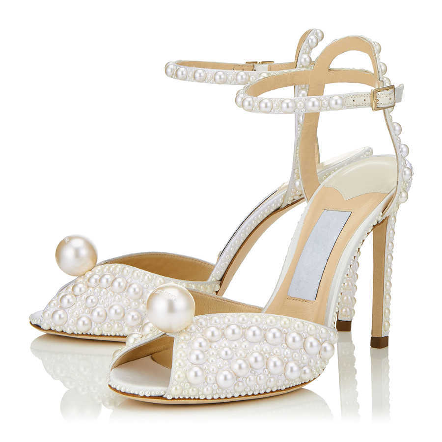 Luxury Jimmy London Choo Pumps Sandals Femmes Sacora 100 mm Ankle Slingback Perle Pearl Fish Mouth Mouth Design Bride Wedding Party JC