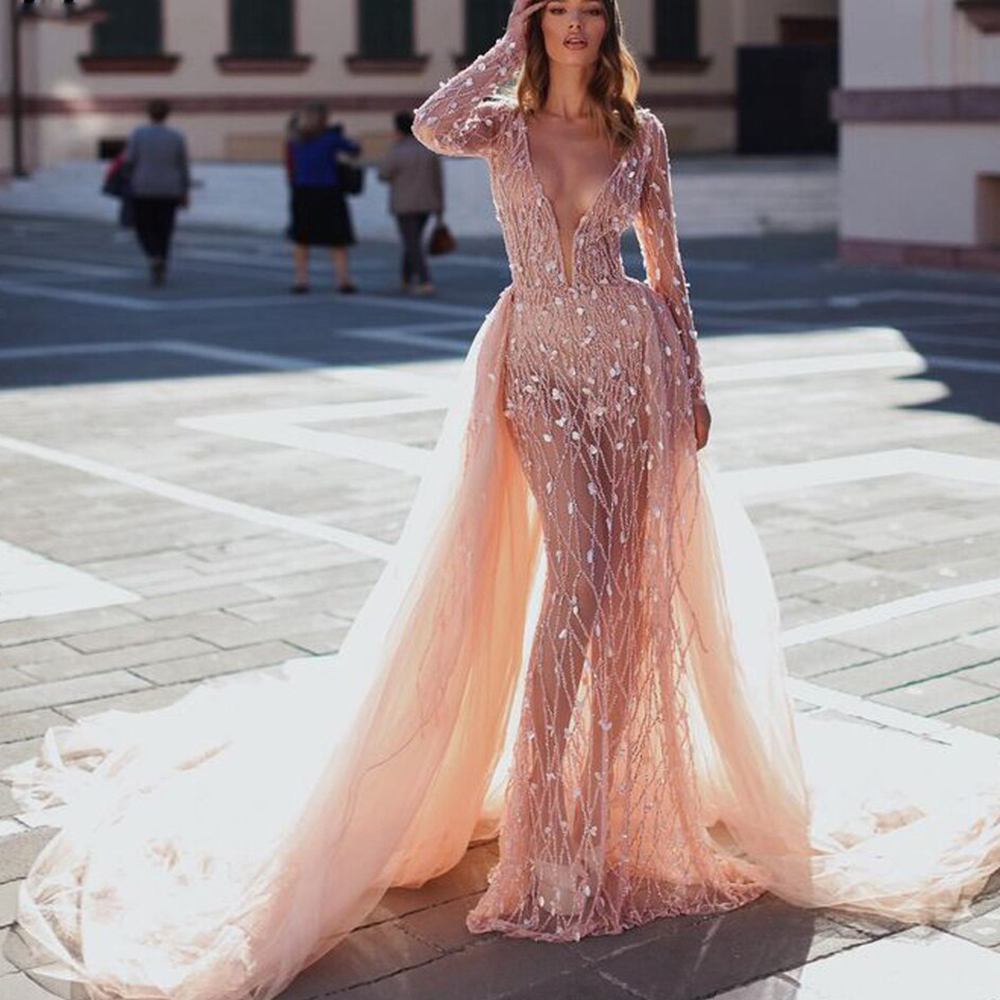 Pink Sexy Mermaid Prom Dresses Long Sleeves Deep V Neck Lace Hollow Appliques Sequins Detachable Train Floor Length Evening Gowns Plus Size Custom Mad