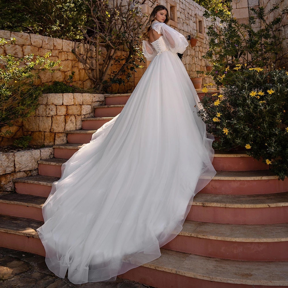Elegant A-Line Wedding Dresses Long Sleeves Halter Sweetheart Hollow Lace Appliques Sequins Sweep Floor Length Ruffles Lace-up Plus Size Boho Wedding 