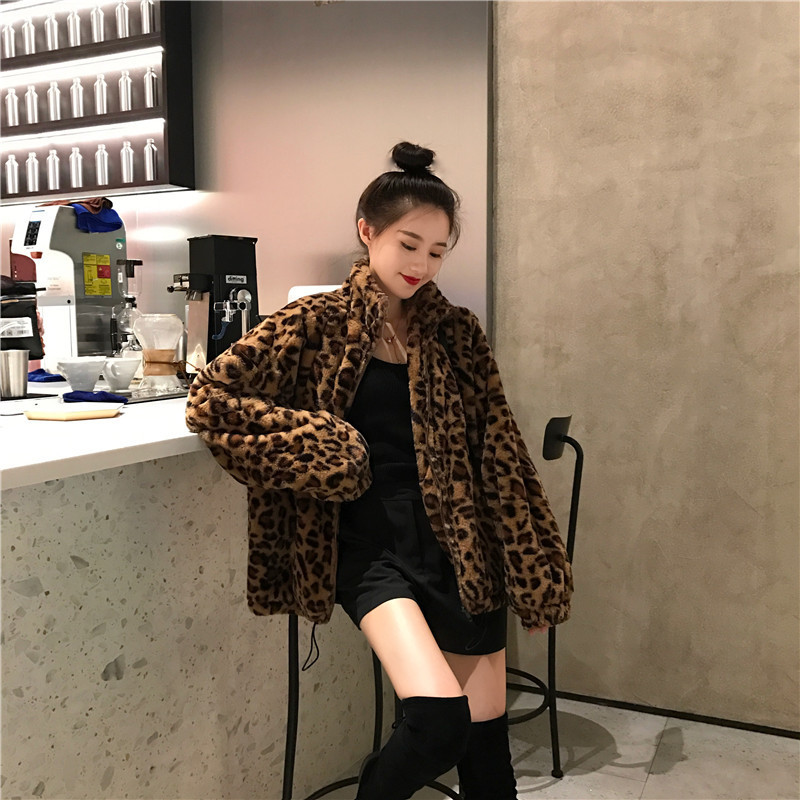 Winter Leopard Print Jacket Women s Stand collar Warm Parkas Outwear Autumn Korean Female Loose Faux Fur Coats 220819