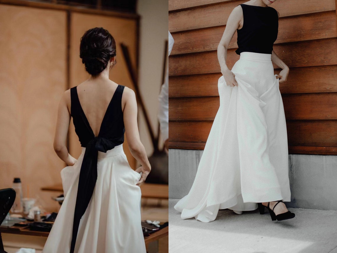 Vintage Black And White A Line Wedding Dress 2022 Fashion Open Back Simple Satin Garden Beach Bridal Gowns 18th Century Retro Bride Dresses Vestidos D