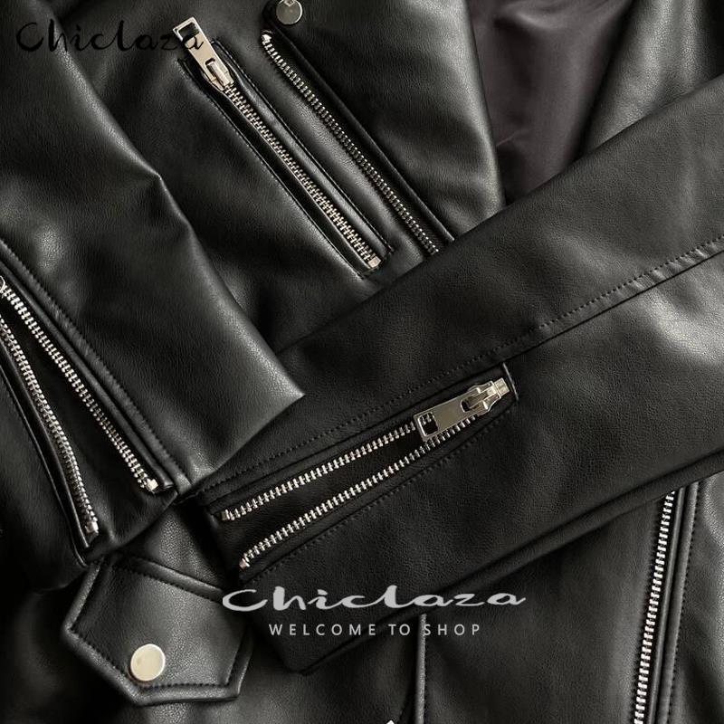 CHICLAZA Women Spring Fashion Black Faux Leather Jacket Ladies Casual Zipper Biker Coat Female Autumn Loose Couple Outwear 220818