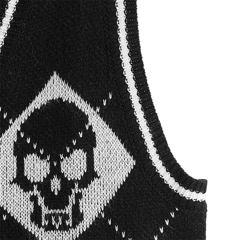 Y2K Gothic Knit Sweater Vest Skull Argyle Print Pattern Knitwear V-neck Pullover Fashion Jumper Top Women Halloween Streetwear 220818