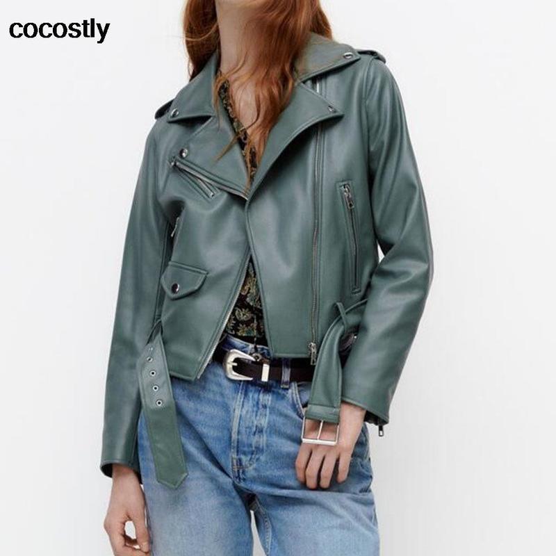 Spring Autumn Women Jacket Fashion Blue Black Faux Leather Female Casual Lapel Zipper With Belt Biker Coat 220818