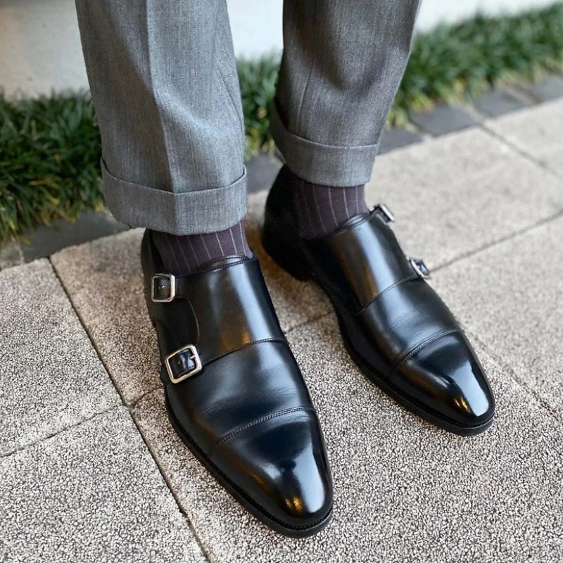 Men Elegant Monk Shoes Solid Color Leather Classic Three Splicing Double Buckle Fashion Business Casual Party Daily Dress Shoes