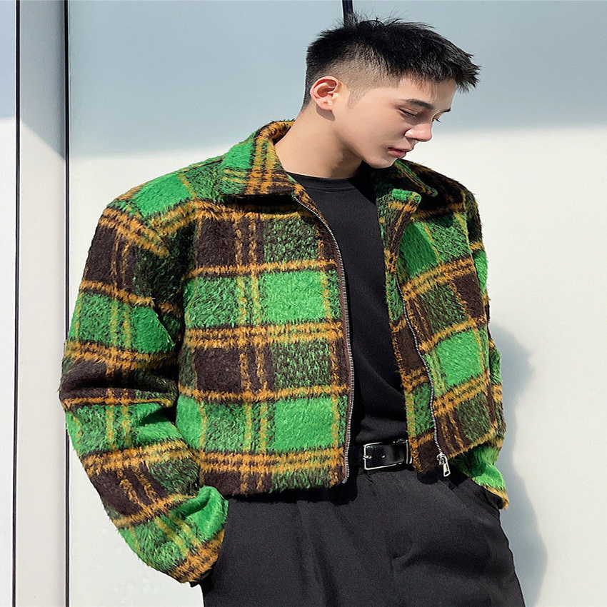 IEFB men's autumn winter Woolen Plaid short jacket vintage fashion Lapel zipped coat long sleeve colorblocked clothing