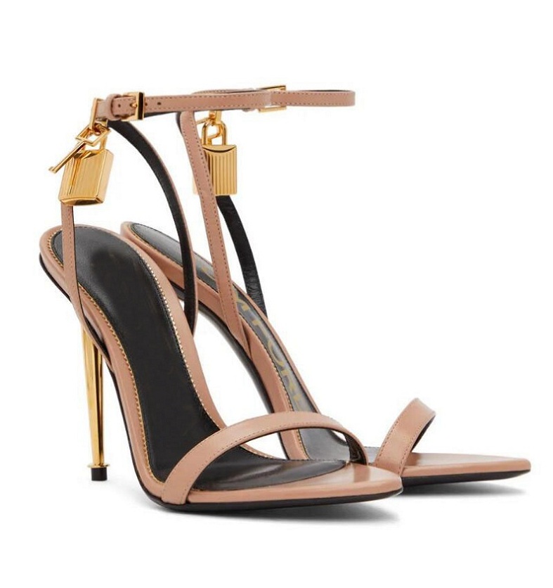 Famous Summer Brand Padlock Naked Sandals Shoes Women Lock-and-key Stiletto High Heels Lady Pointed Toe Gladiator Sandalias Party Wedding Bridal EU35-43