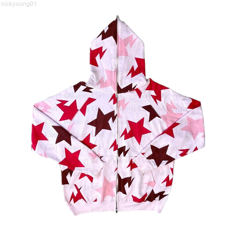 Xingqing y2k Sweatshirt Men Star Print Long Sleeve Hooded Tops 2000s Aesthetic Clothes Zip Up Streetwear Fairycore Grunge Jacket Y220818
