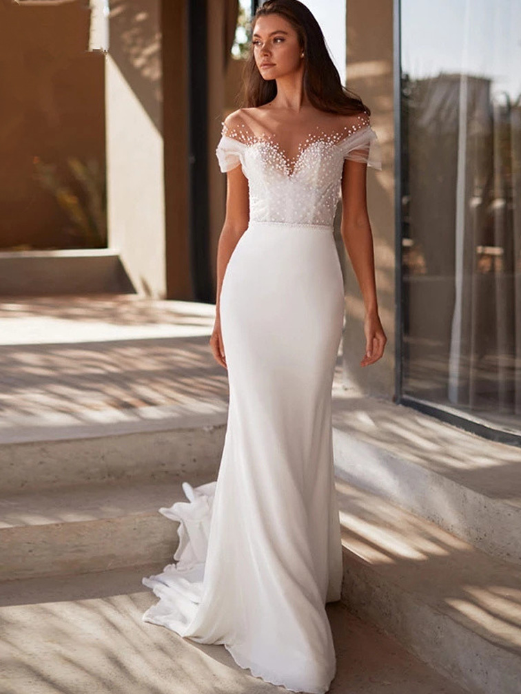 Classic Mermaid Wedding Dress Off Shoulder V Neck Cape Sleeves Backless Hollow Appliques Sequins Beads or Length Bridal Gowns Custom Made Vestido de n