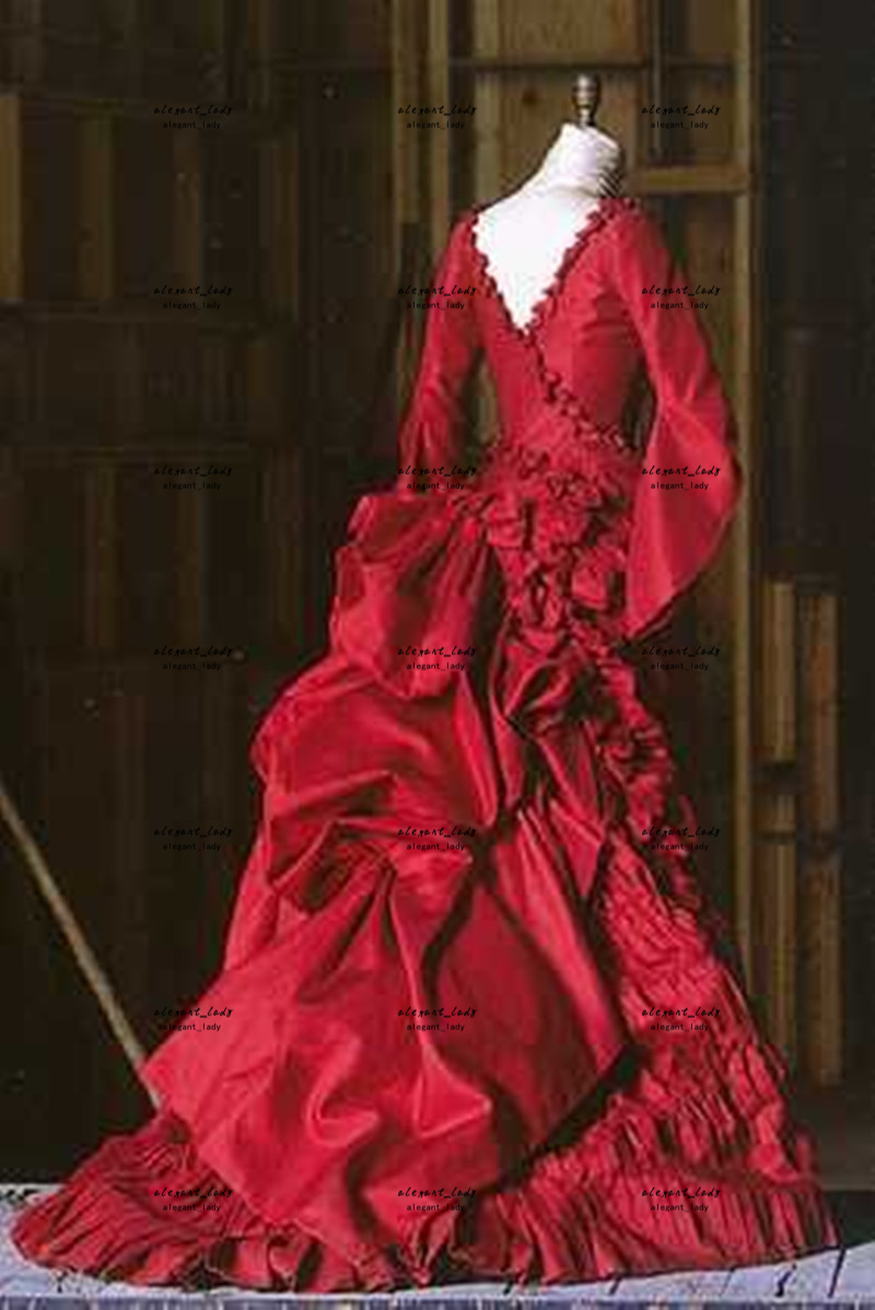 Red Victorian ballroom prom dress Mina's Dracula Bram Stoker Long sleeve Vampire gown silk gothic Carnival costume Evening gown