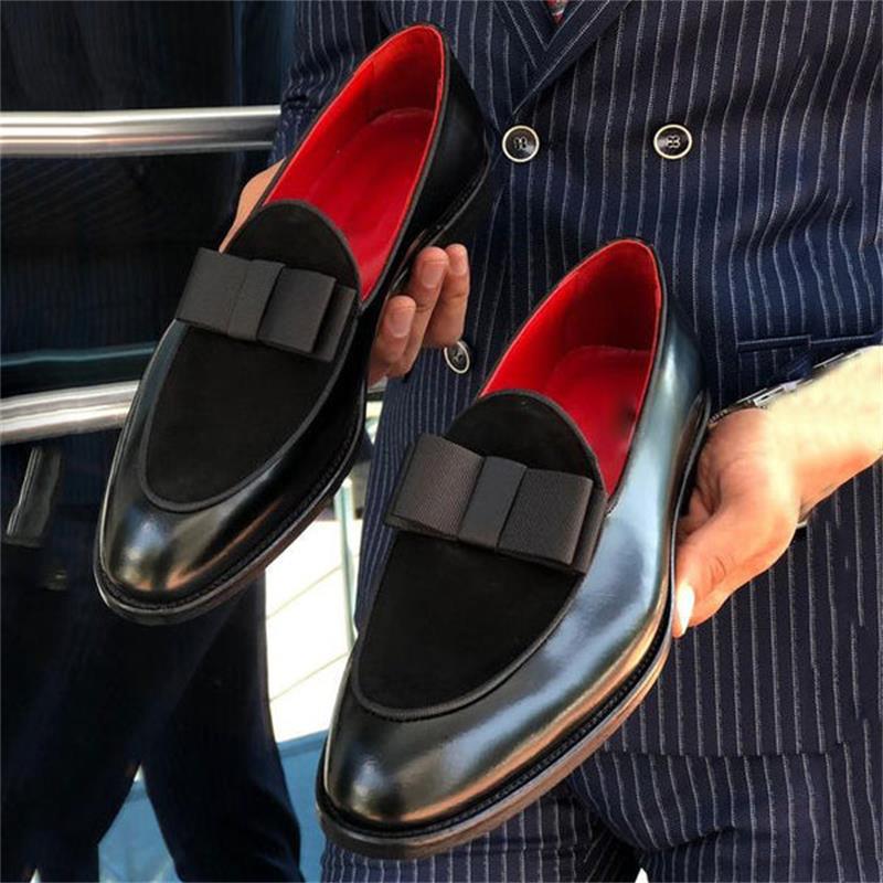 Men Elegant Loafers Color-blocking PU Stitching Faux Suede Bow Knot Slip-On Fashion Business Casual Wedding Party Dress Shoes