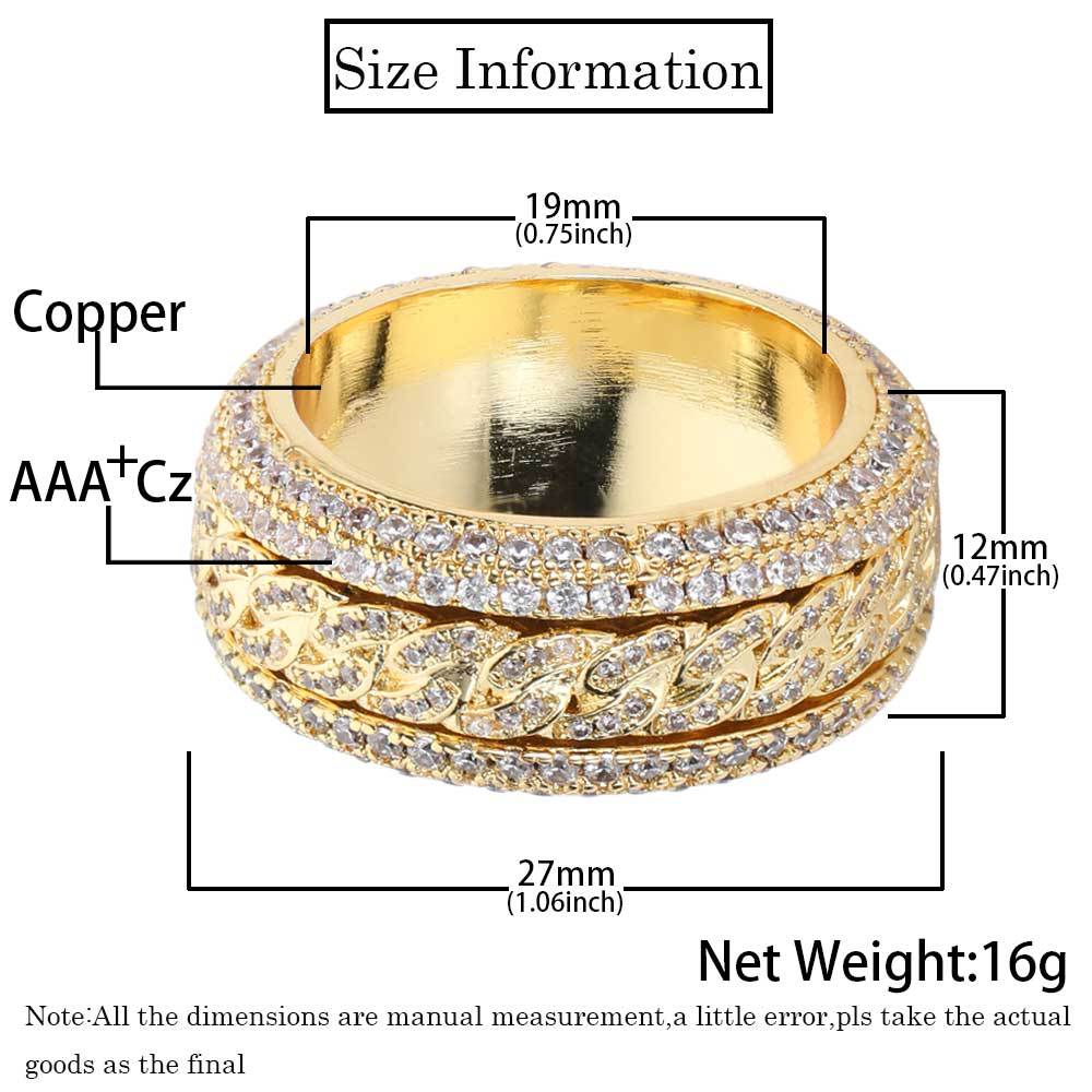Bling Zircon Rotating Ring with Side Stones Rotatable Hip Hop Men's Cuban Circle Finger Jewelry