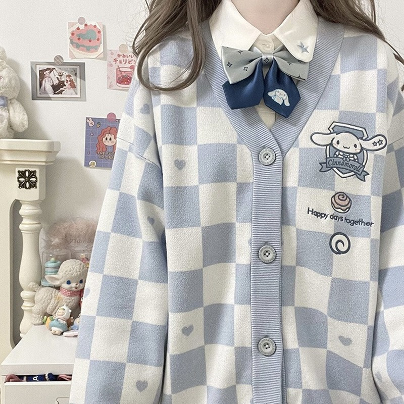 Deeptown Kawaii Plaid Cartoon Pink Sweater Cardigan Women Korean Style Harajuku Oversize Vneck Blue Jumper Female Cute Tops 220818