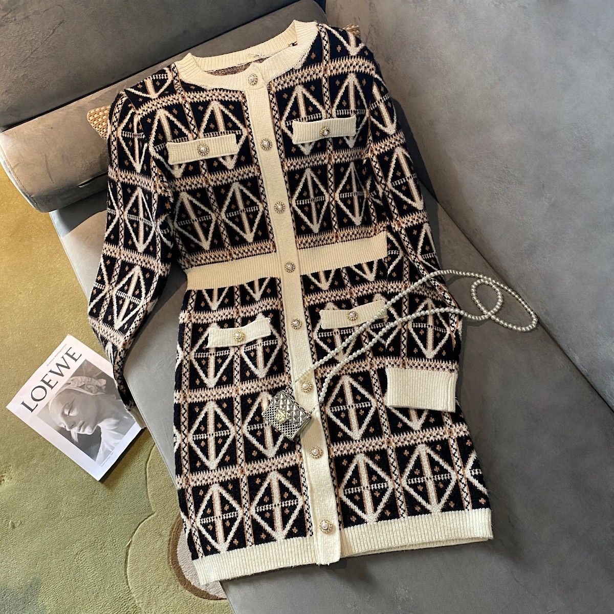Women's long sleeve dress o-neck geometric print knitted bodycon tunic pencil vestidos SMLXL