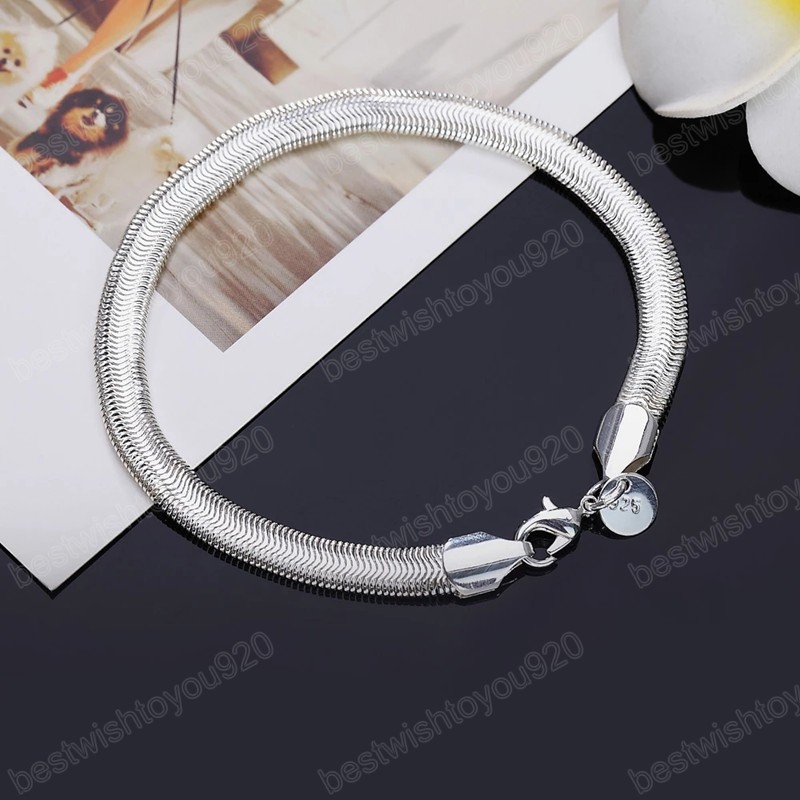 925 Sterling Silver 6mm Side Snake Chain Bracelet For Women Wedding Engagement Party Fashion Jewelry