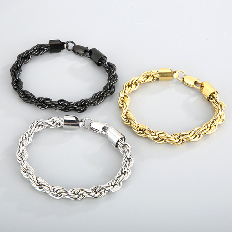 316L Stainless Steel Rope Chain Bracelet Titanium Steel 18K Gold Plated Bangle for Men Women No Fade