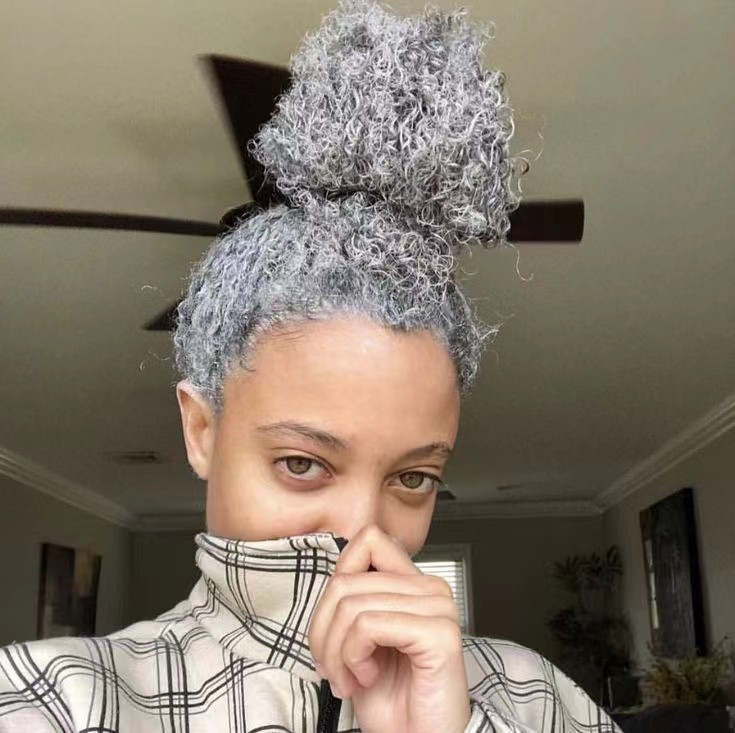 Wraps women gray human hair ponytail white hairs topper curl curly silver grey puff updo bun hairpiece 120g 14inch for black women