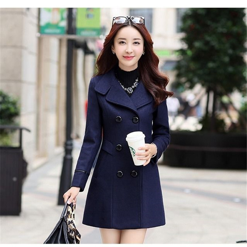 Autumn Winter Women s Woolen blends Jacket Korea Double Breasted Slim Mid Length Coat Solid Casual Female Outwear Trench 220818
