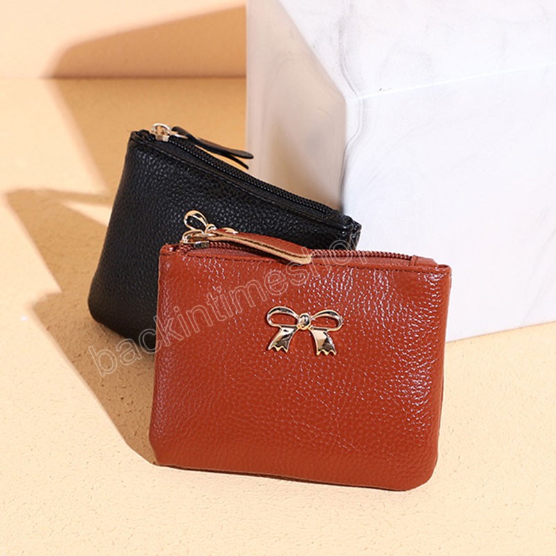 Bow-knot Zipper Coin Purse Soft Leather Small Money Bag Litchi Pattern Simple All-match Sweet Fresh Portable Coin Purse
