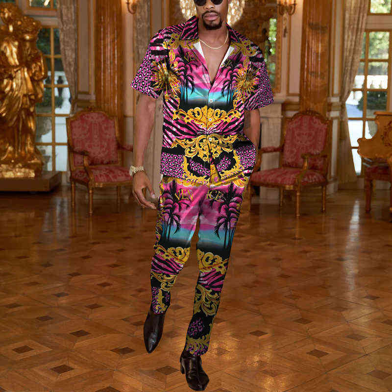 Vintage Floral Printed Two Piece Sets Men Spring Summer Short Sleeve Buttoned Shirts And Straight Pants Suit Mens Casual Outfits T220819