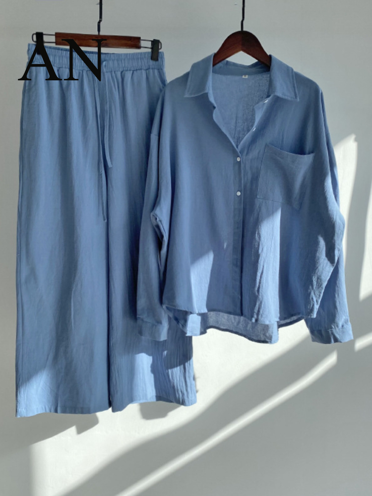 Women s 2 piece Retro Oversize Cotton and Linen Shirt Plus High Waist Slacks Suit Sweatshirt Set 220819