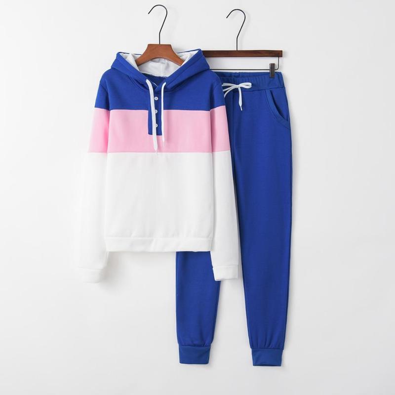 Women's Two Piece Pants Womens Tracksuit Hooded Longsleeved Sportwear Twopiece Set Fleece Splicing Long Pants Suit Ropa De Mujer 220819 220826