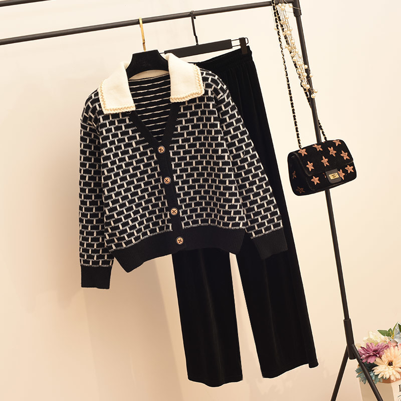 Sweetwear Two Piece Sets Women Geometric Patterns Knitting Cardigans Sweater Elastic Wide Leg Long Pants Suits Lady 220819