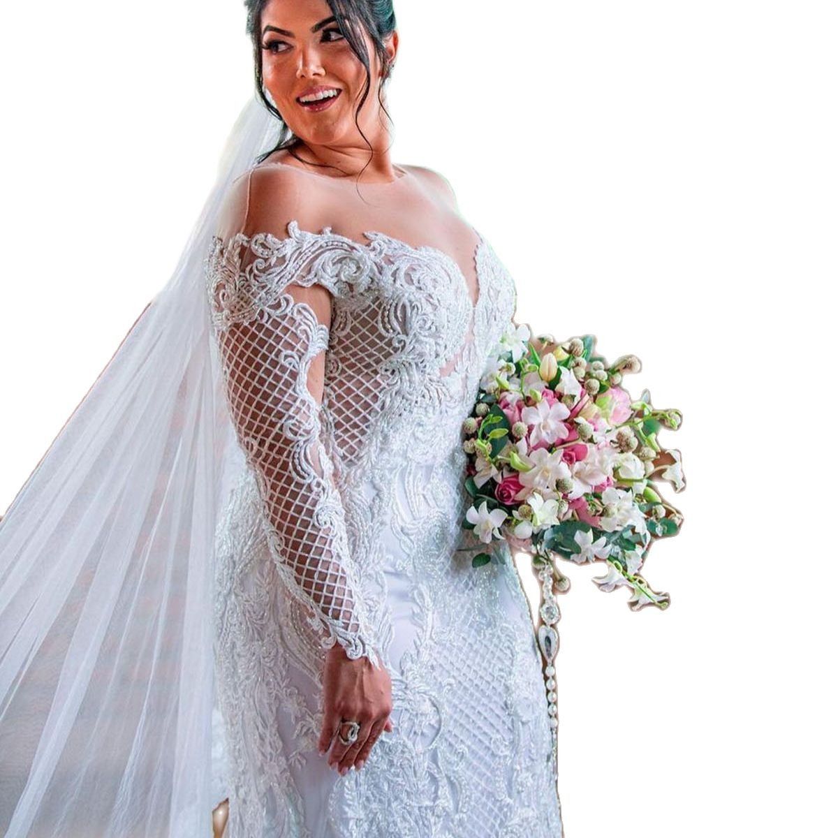 Plus Size Mermaid Wedding Dress Sexy Sheer Neck Long Sleeve Custom Made See Through Back Bridal Robes Vestido De Novia