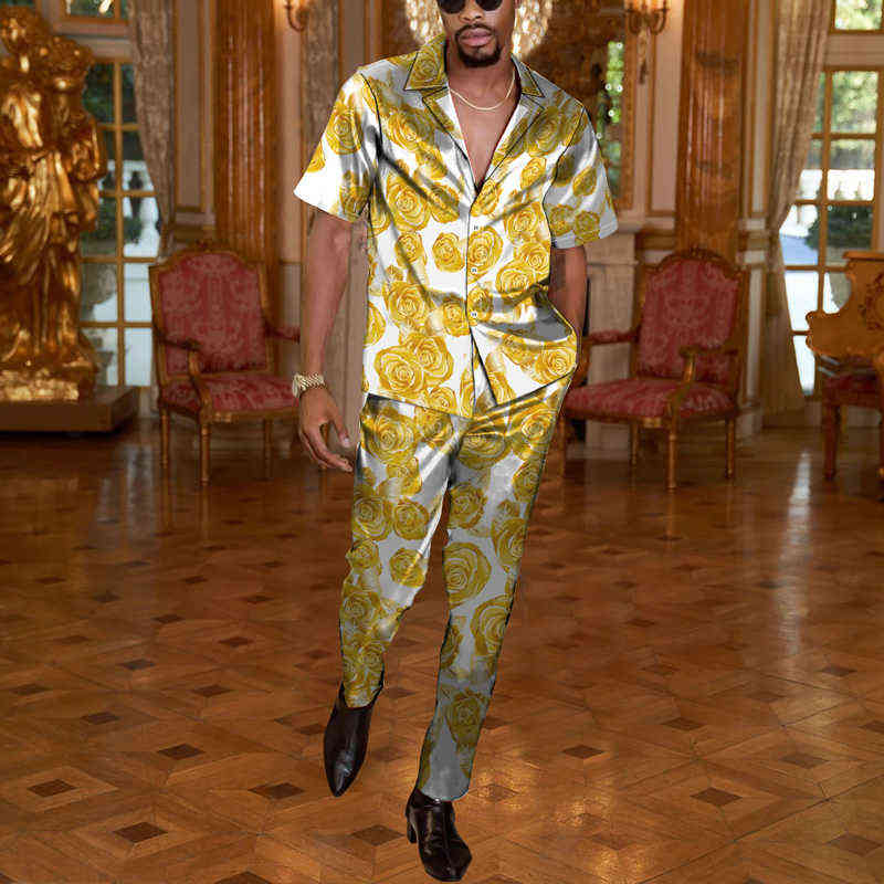 Vintage Floral Printed Two Piece Sets Men Spring Summer Short Sleeve Buttoned Shirts And Straight Pants Suit Mens Casual Outfits T220819