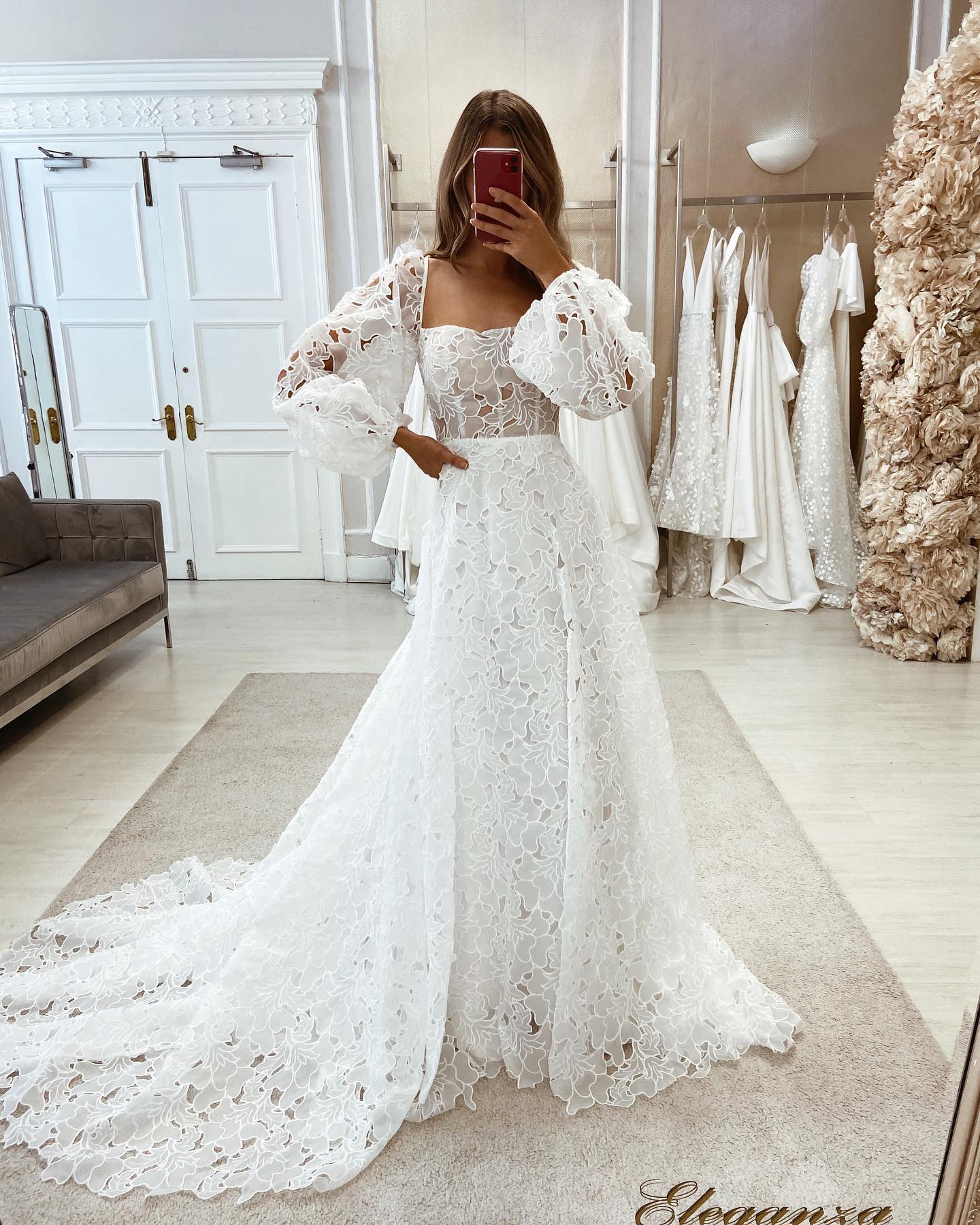 Bohemian Full Lace Wedding Dress Scoop Neck Long Sleeve Appliqued Beach Boho Bridal Gowns Sweep Train vestido de novia