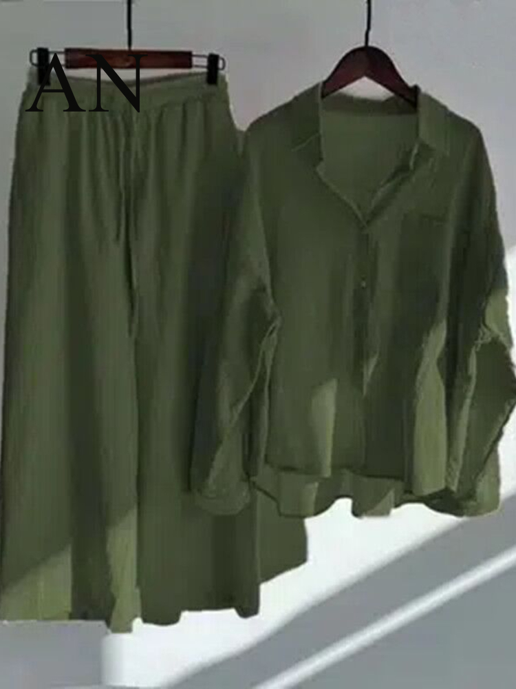 Women s 2 piece Retro Oversize Cotton and Linen Shirt Plus High Waist Slacks Suit Sweatshirt Set 220819