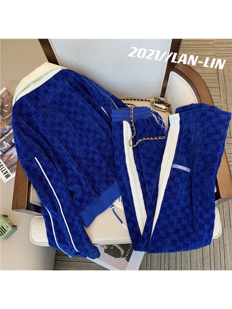 Women Blue Pants Set Lapel Warm CoatElastic Loose Waist Trousers 2 PIEC Suits Sportswear Outfits Autumn and Winter 220819