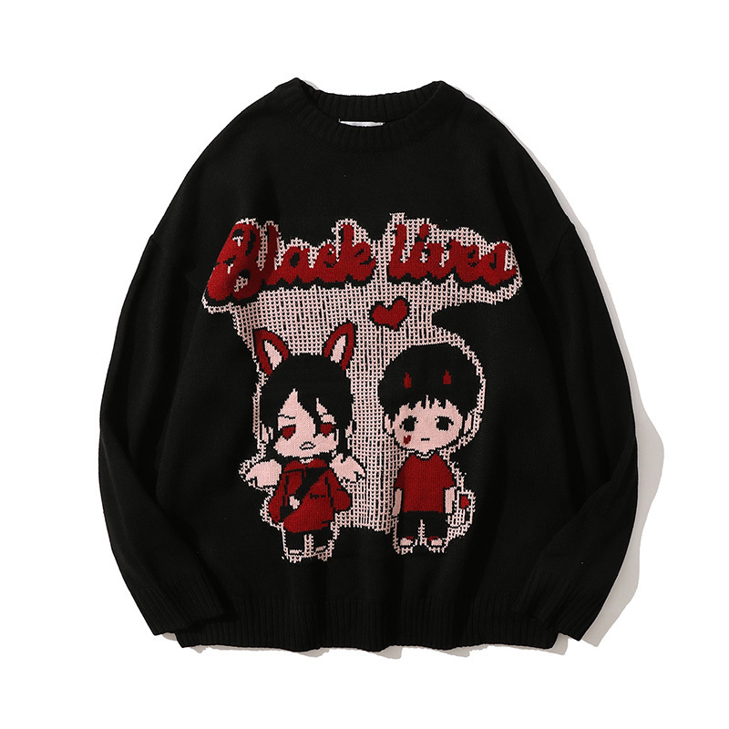 Funny Black Lived Couples Printed Pullover Knitwear Men Oversized Japanese Anime Cartoon Knitted Sweater Women Tops 220819