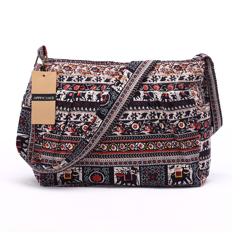 Annmouler Large Women Shoulder Bag Cotton Fabric Crossbody Tribal Elephant Print Hobo Soft Adjustable Messenger 220819