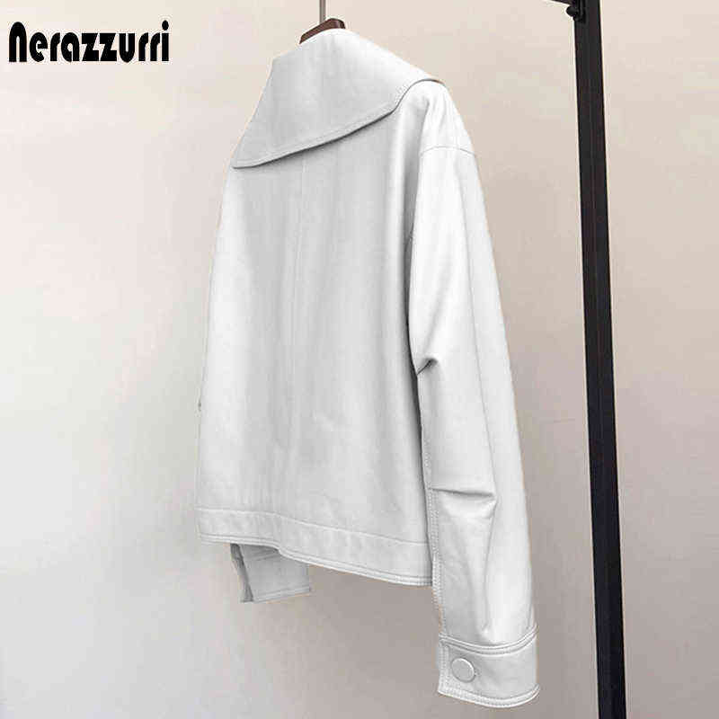 Nerazzurri Spring short light white leather jacket for women peter pan collar long sleeve Casual leather jackets for women 2021 T220810