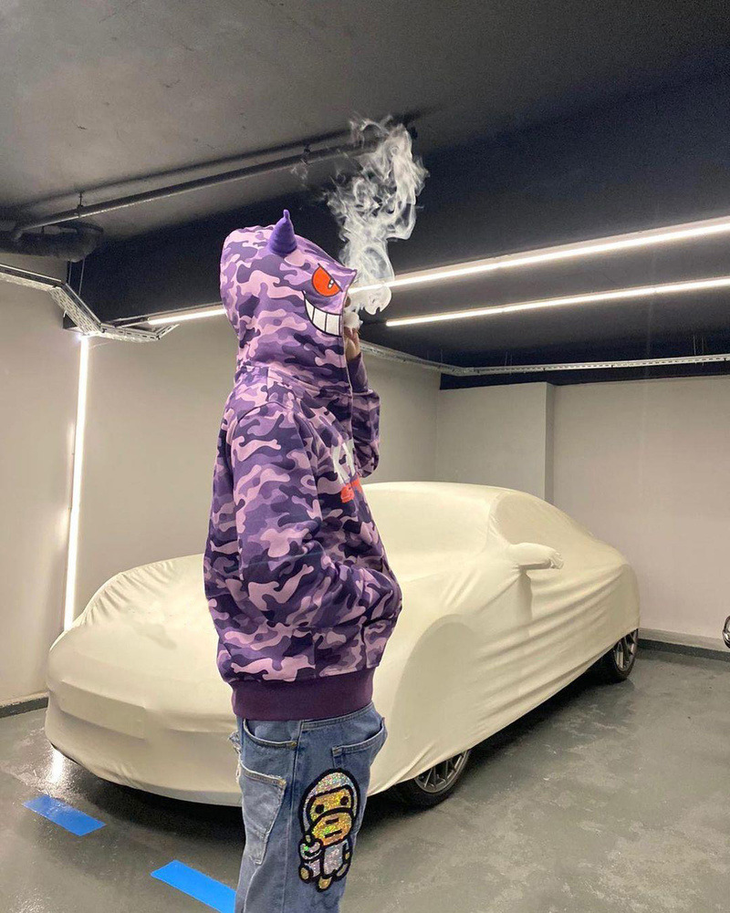 Purple Camo Anime Loose Zip Hoodie Men Y2K Contrast Print Embroidered Ears Harajuku Streetwear Retro Oversized Sweatshirt 220819