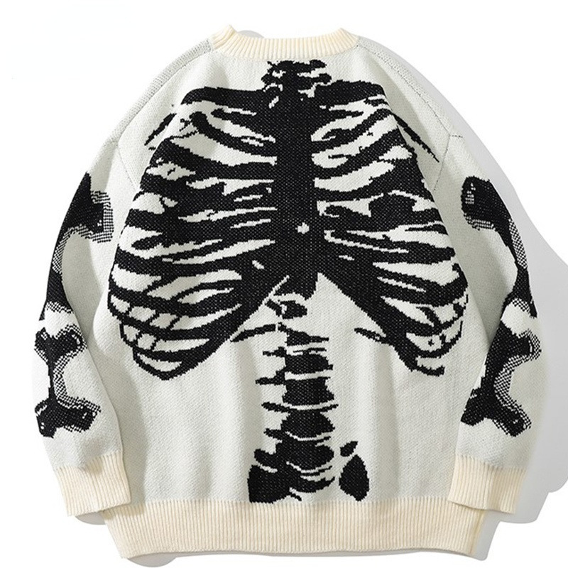 Men Oversized Sweater Black Loose Skeleton Bone Print Women Vintage Retro Knitted Sweater Autumn Cotton Pullover Unisex 220819