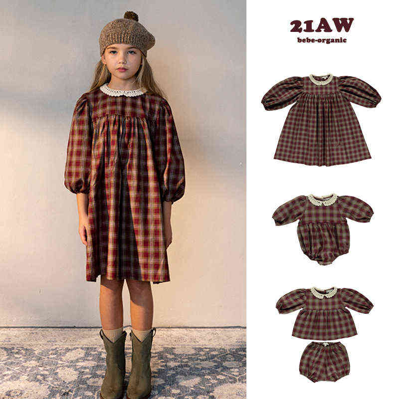 1-11Y BeBe Brown Plaid Dress Kids toddler girl dresses Peter Pan Collar Vintage Long Sleeve children's dresses for 5 years Old R231213